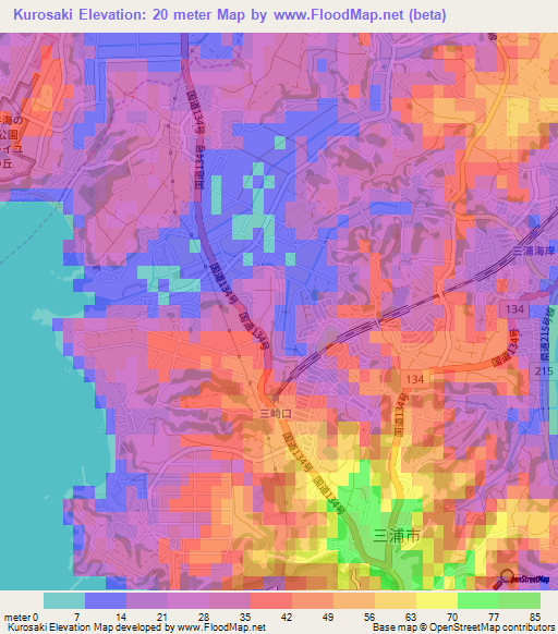 Kurosaki,Japan Elevation Map