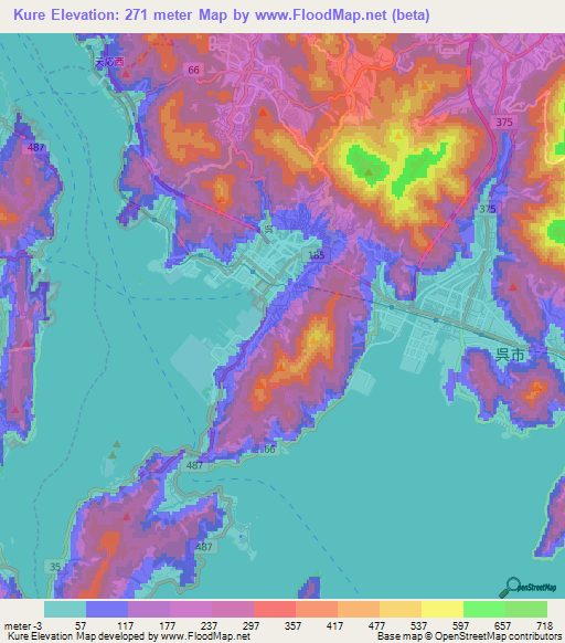 Kure,Japan Elevation Map
