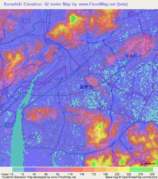 Kurashiki,Japan Elevation Map