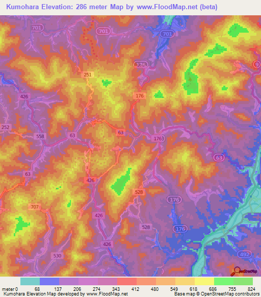 Kumohara,Japan Elevation Map