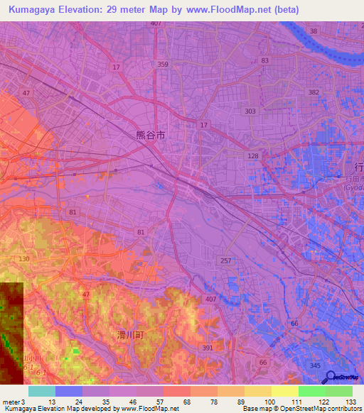 Kumagaya,Japan Elevation Map
