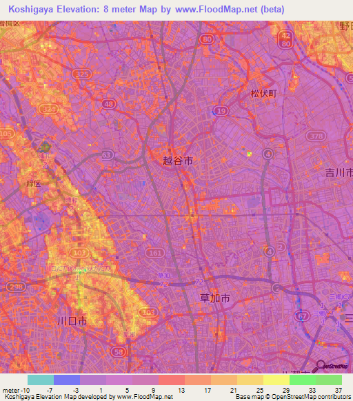 Koshigaya,Japan Elevation Map