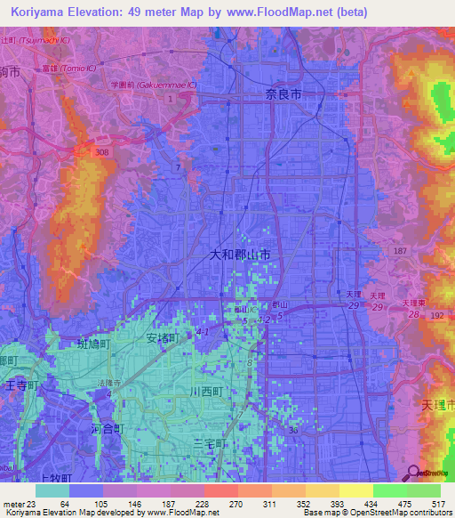 Koriyama,Japan Elevation Map