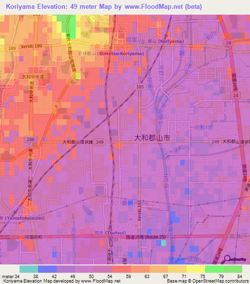 Koriyama,Japan Elevation Map