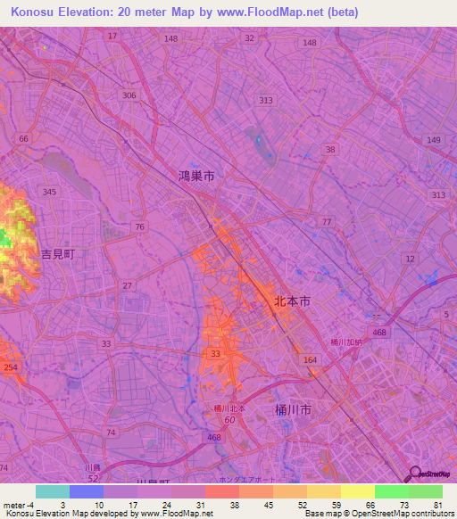 Konosu,Japan Elevation Map