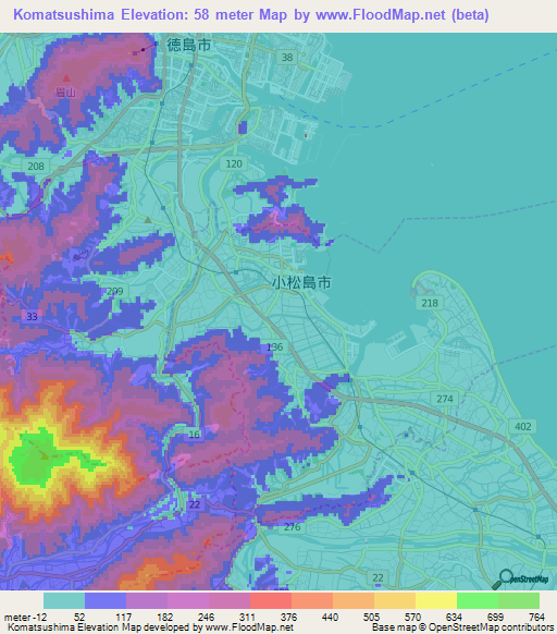 Komatsushima,Japan Elevation Map