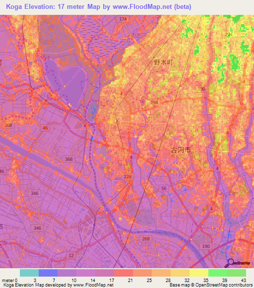 Koga,Japan Elevation Map