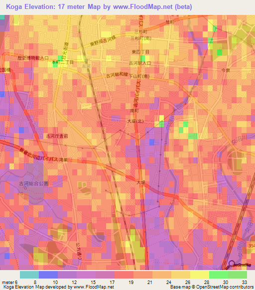 Koga,Japan Elevation Map