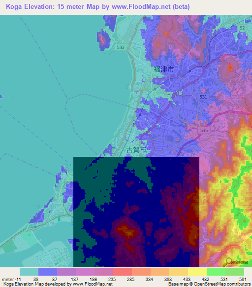 Koga,Japan Elevation Map