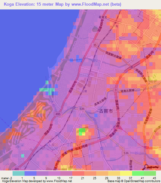 Koga,Japan Elevation Map