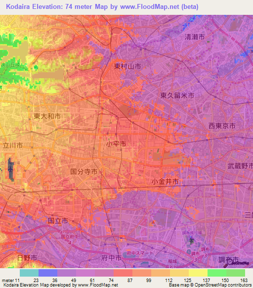 Kodaira,Japan Elevation Map