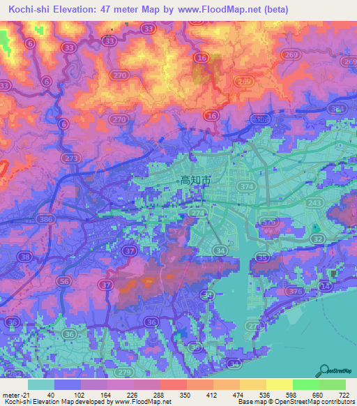 Kochi-shi,Japan Elevation Map