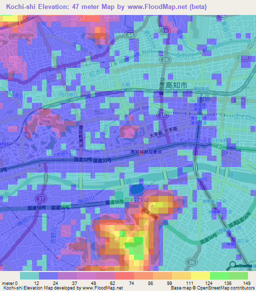 Kochi-shi,Japan Elevation Map