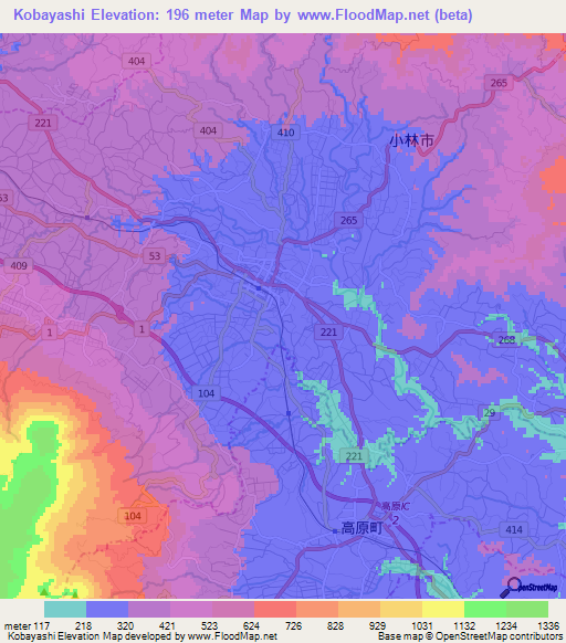 Kobayashi,Japan Elevation Map