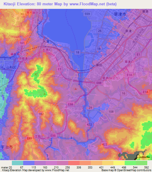 Kitaoji,Japan Elevation Map