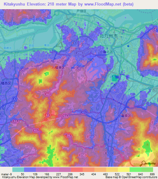 Kitakyushu,Japan Elevation Map