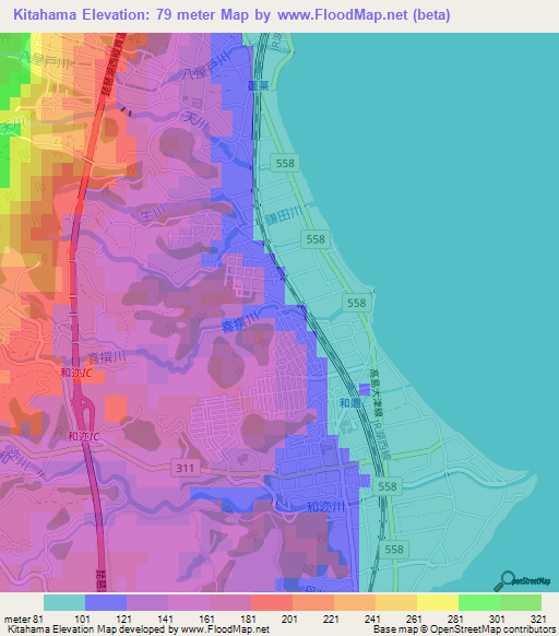 Kitahama,Japan Elevation Map