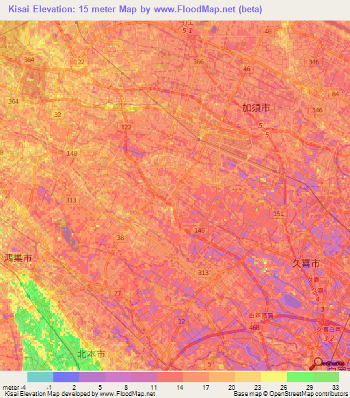 Kisai,Japan Elevation Map