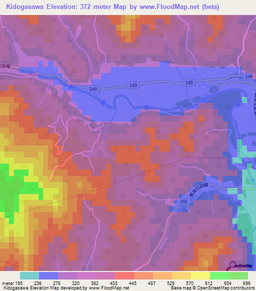 Kidogasawa,Japan Elevation Map