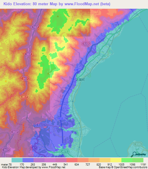Kido,Japan Elevation Map