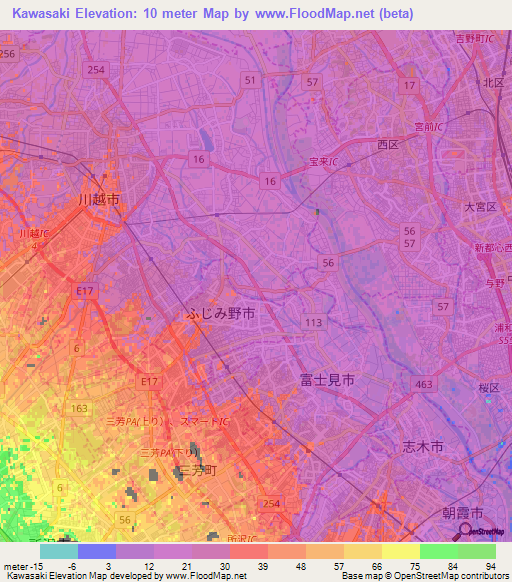 Kawasaki,Japan Elevation Map