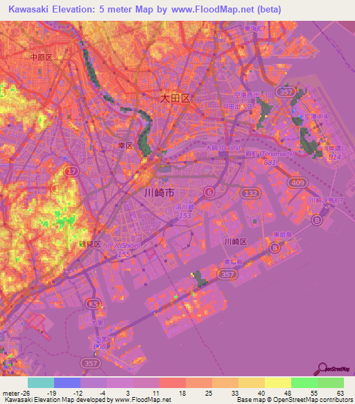 Kawasaki,Japan Elevation Map
