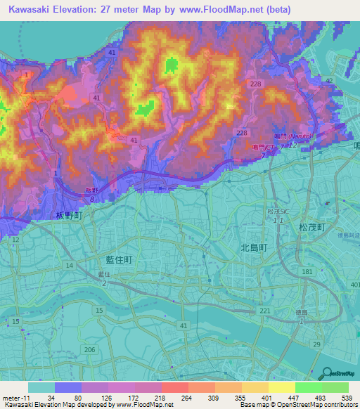 Kawasaki,Japan Elevation Map