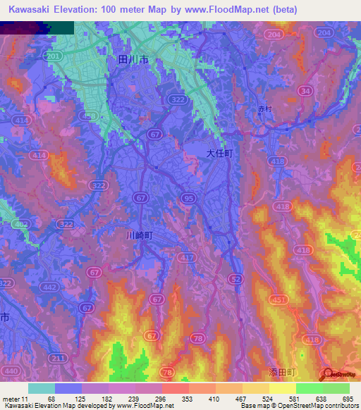 Kawasaki,Japan Elevation Map