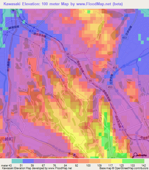 Kawasaki,Japan Elevation Map