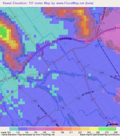 Kawai,Japan Elevation Map