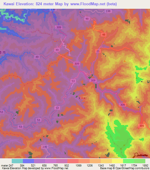 Kawai,Japan Elevation Map