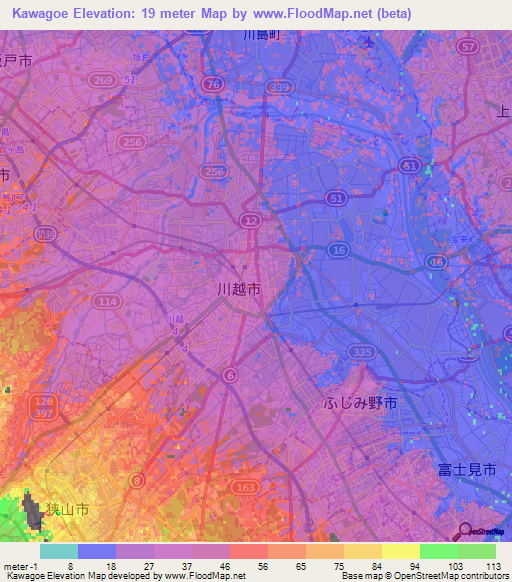 Kawagoe,Japan Elevation Map