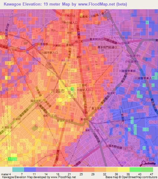 Kawagoe,Japan Elevation Map