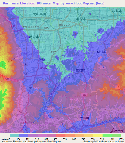 Kashiwara,Japan Elevation Map