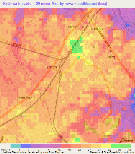 Kashiwa,Japan Elevation Map