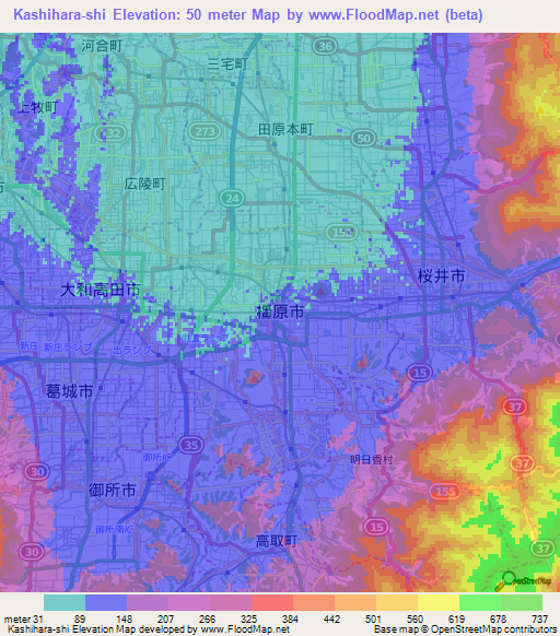 Kashihara-shi,Japan Elevation Map
