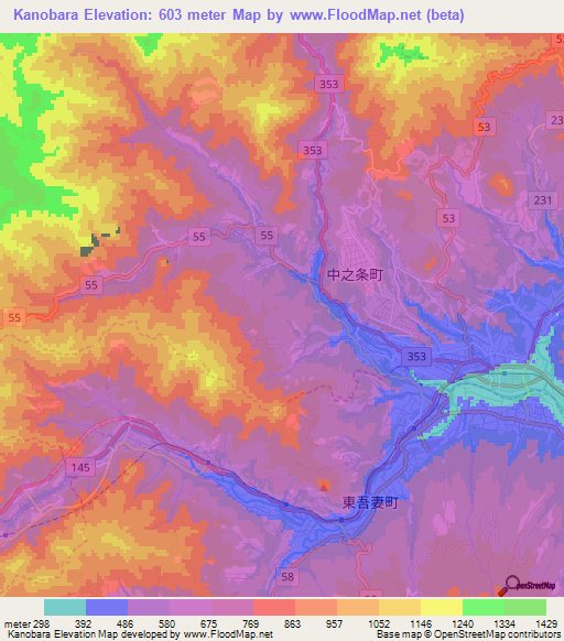 Kanobara,Japan Elevation Map