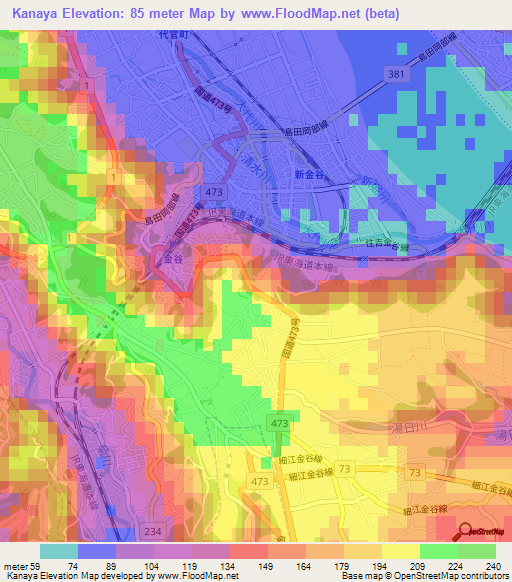 Kanaya,Japan Elevation Map