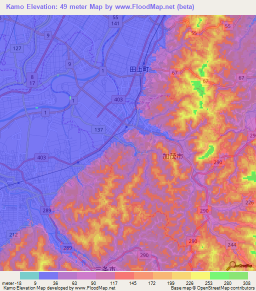 Kamo,Japan Elevation Map