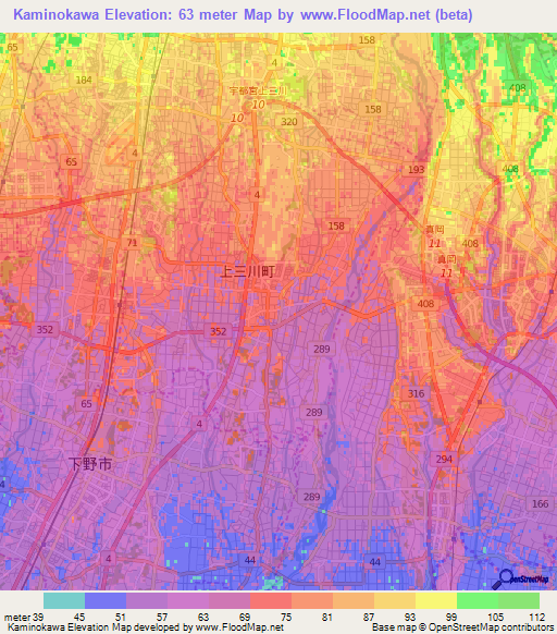 Kaminokawa,Japan Elevation Map
