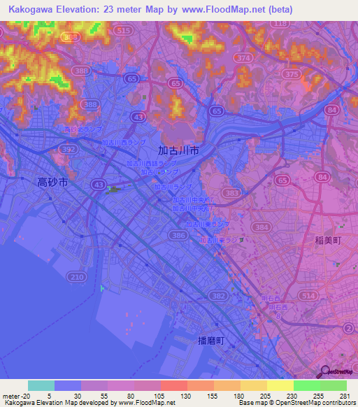 Kakogawa,Japan Elevation Map