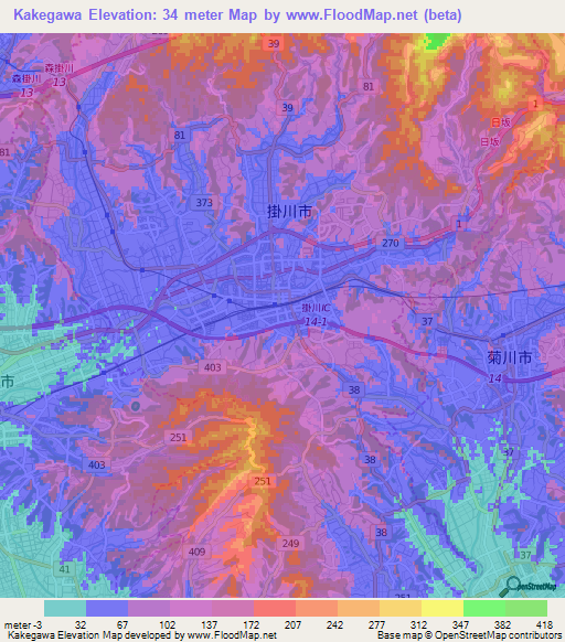 Kakegawa,Japan Elevation Map