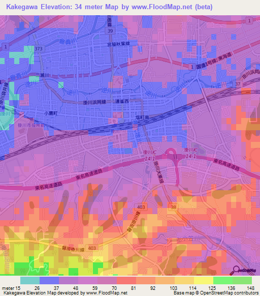 Kakegawa,Japan Elevation Map