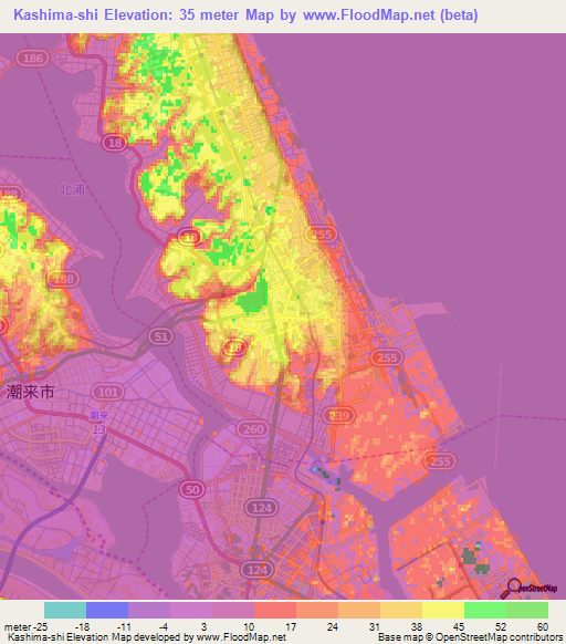 Kashima-shi,Japan Elevation Map