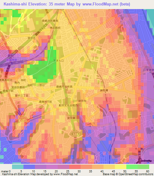 Kashima-shi,Japan Elevation Map