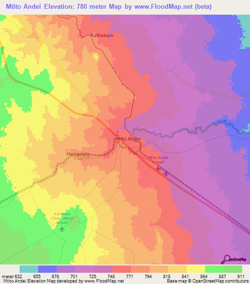 Mtito Andei,Kenya Elevation Map