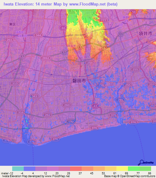 Iwata,Japan Elevation Map