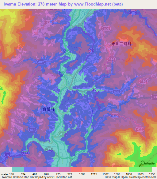Iwama,Japan Elevation Map