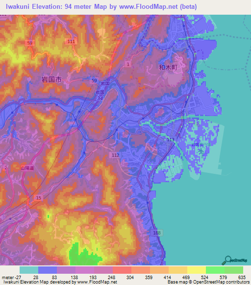 Iwakuni,Japan Elevation Map