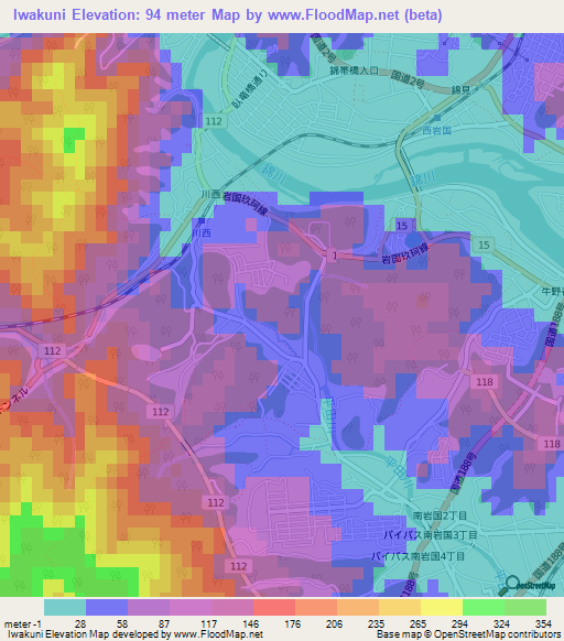 Iwakuni,Japan Elevation Map
